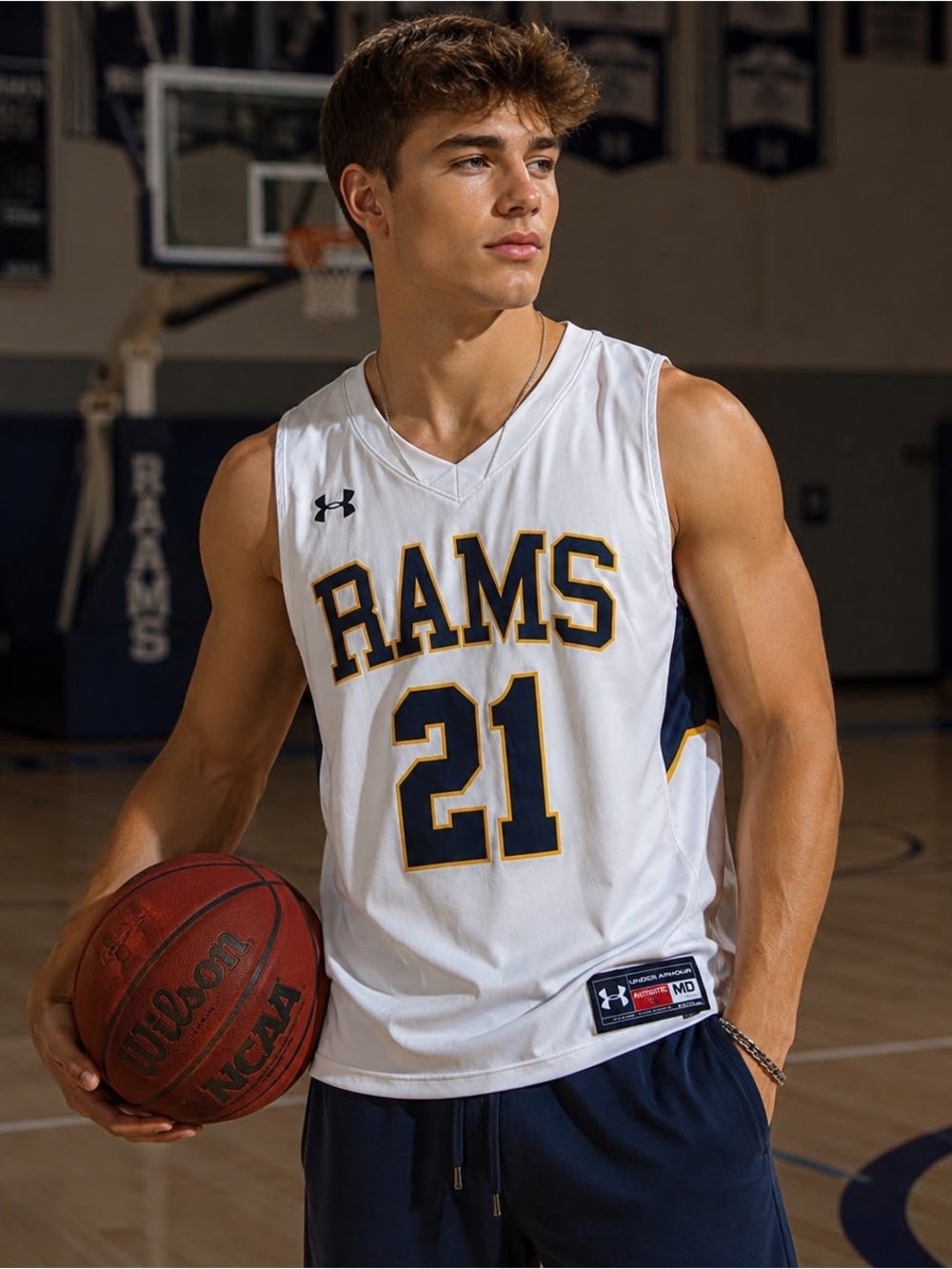 Under Armour White Rams #21 Basketball Jersey with Navy & Gold Trim